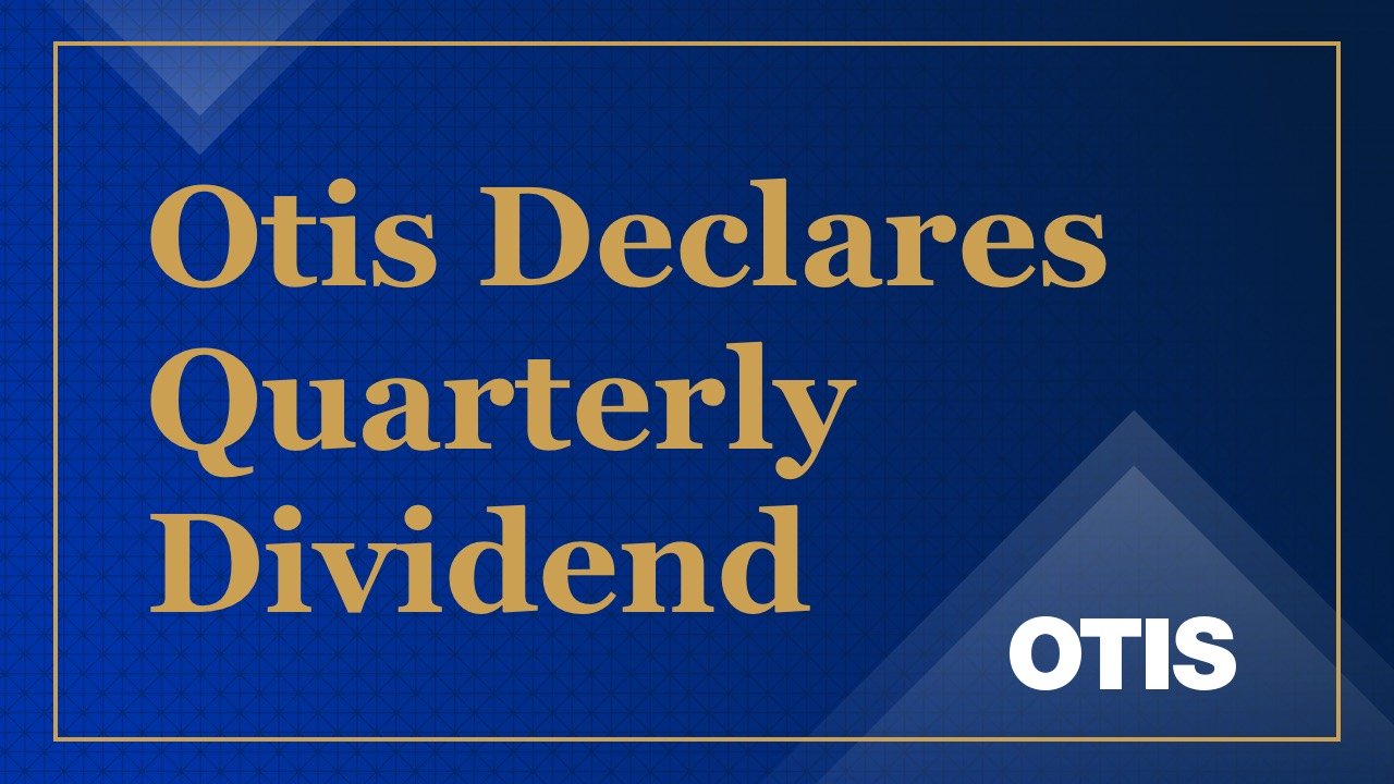 Otis announces quarterly dividend on February 3, text on blue background 