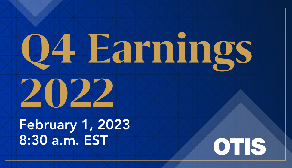 Otis logo on navy background says earnings advisory February 1, 2023 8:30am EST 