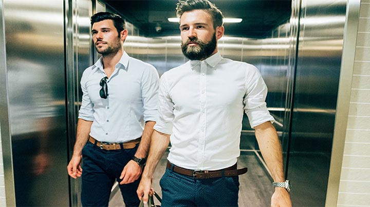 men leaving elevator