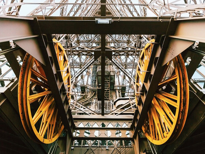 low angle eiffel tower elevator machinery