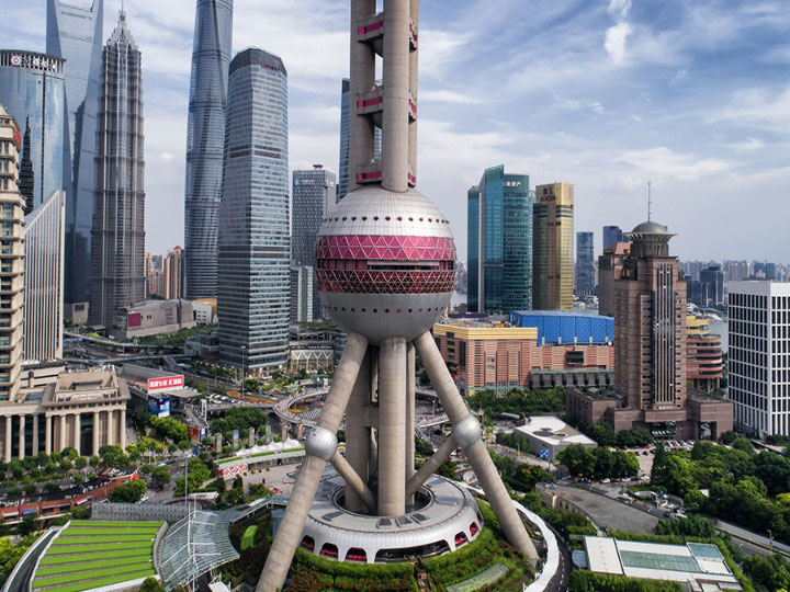 oriental pearl tower sphere aerial shot