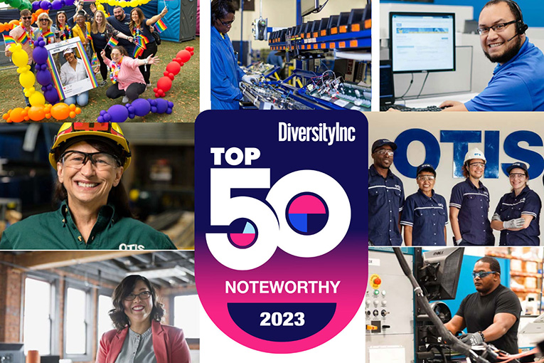 Collage of Otis employees with the DiversityInc logo for Top 50 Noteworthy Companies