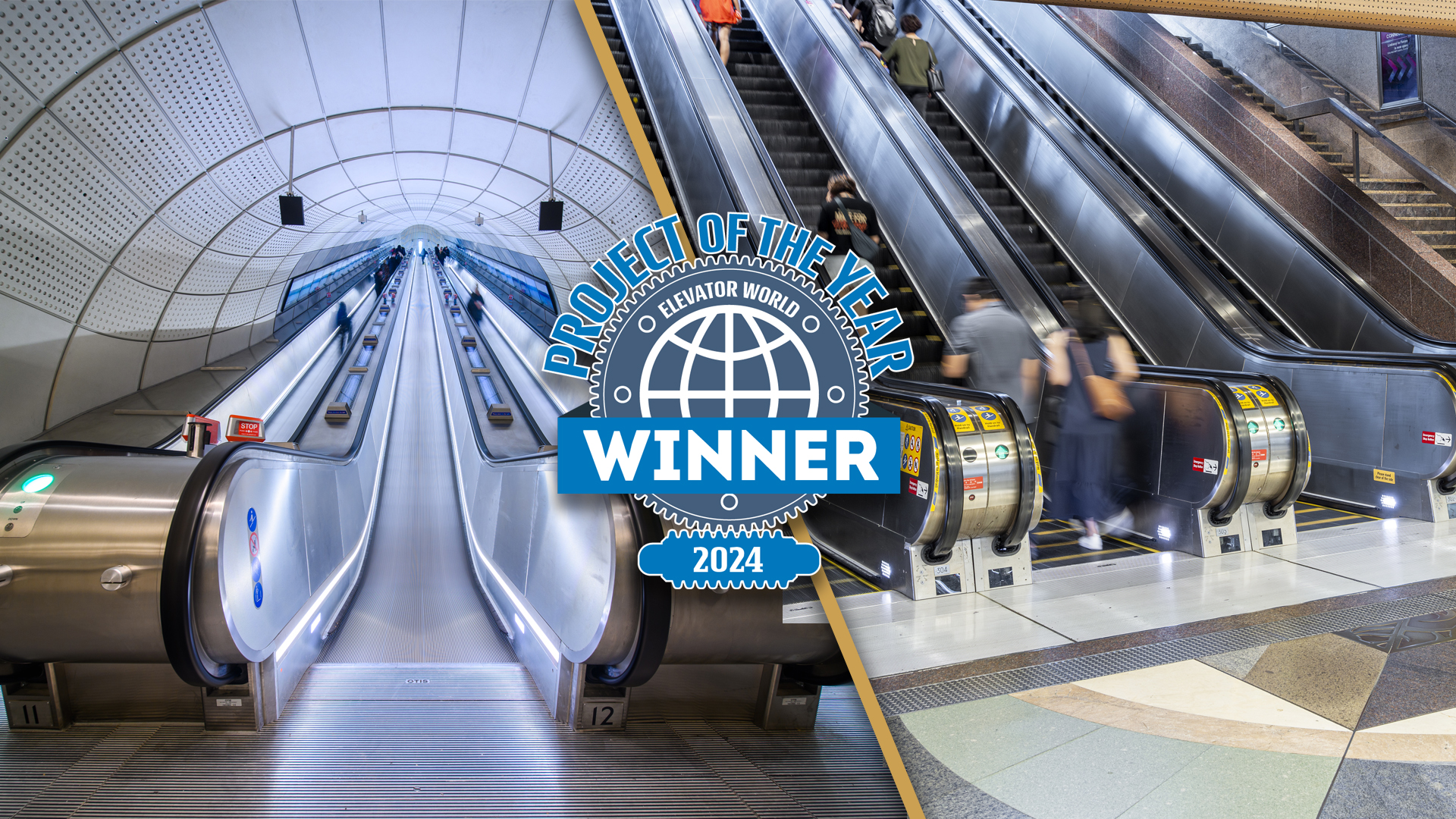 2 Otis escalators with Project of the year winner 2024 logo 