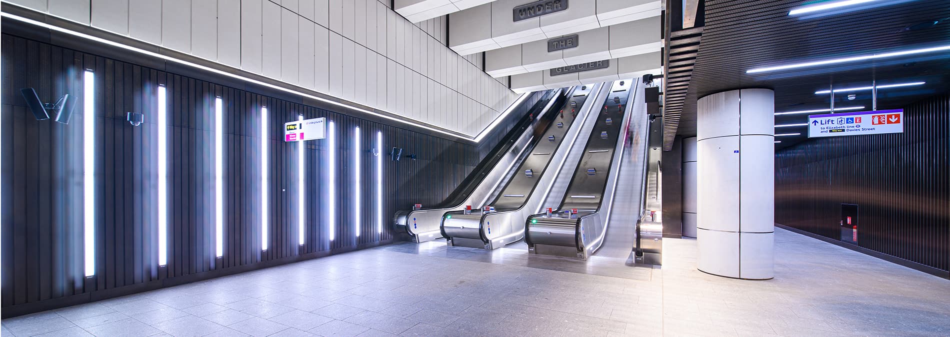 View of escalators at the Elizabeth line station