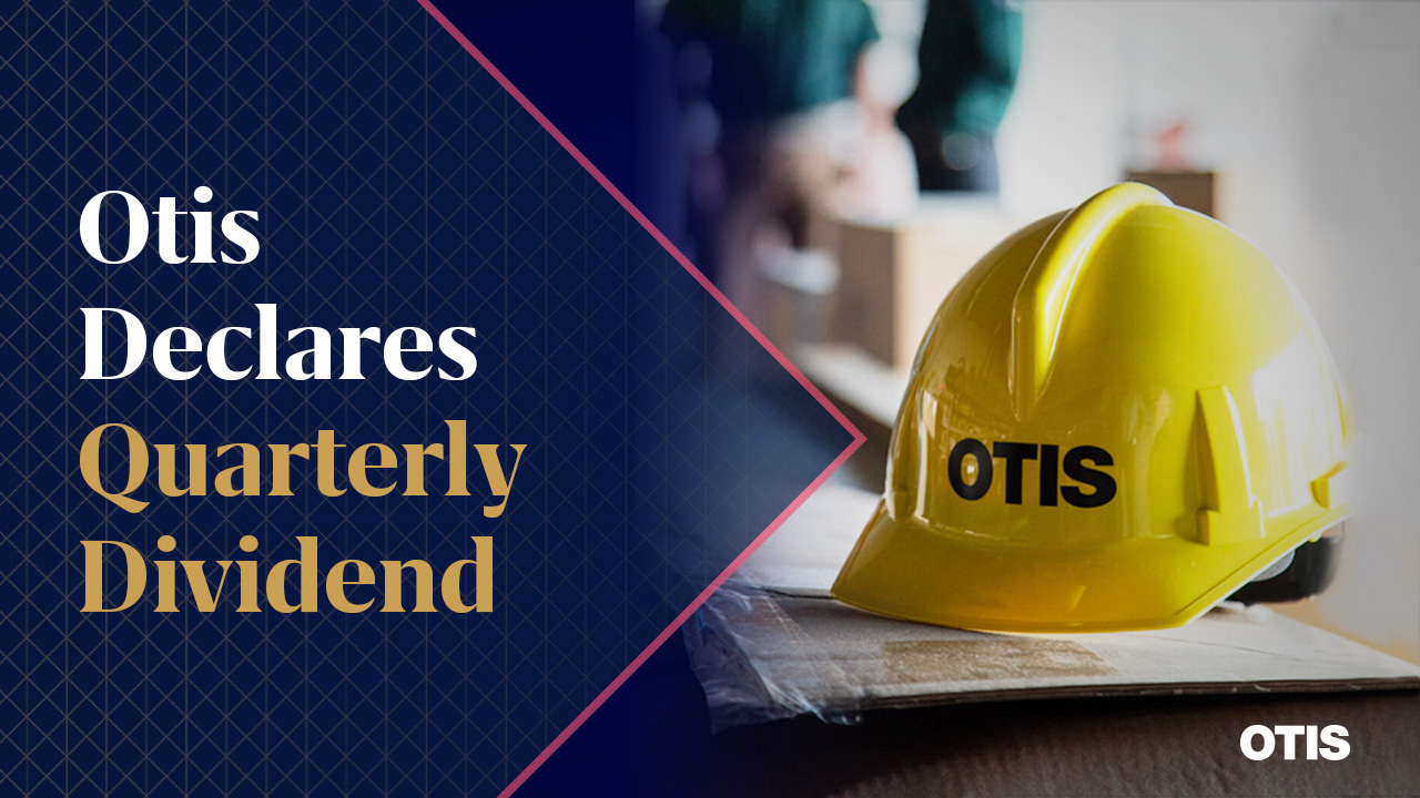 Q2 2024 dividend announcement graphic with Otis hard hat