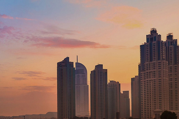 City skyline at sunset